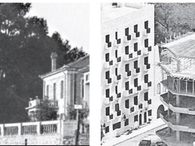 Αριστερά, η πρώτη από τις τρεις επαύλεις, στη συμβολή της Όθωνος Αμαλίας με την οδό Κύπρου. Κατά μερικούς ήταν έργο του Τσίλερ. Γκρεμίστηκε τέλη της δεκαετίας του ’70.Στη θέση το 1979 χτίστηκε πολυκατοικία (δεξιά)