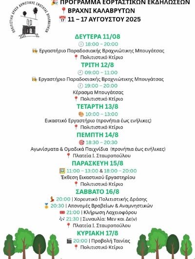 Εορταστικές εκδηλώσεις στο Βραχνί Καλαβρύτων από 11 έως 17 Αυγούστου 2025