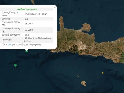 Νέος σεισμός στην Κρήτη - Δόνηση 3,3 Ρίχτερ