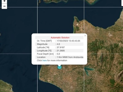 Σεισμός: Αισθητός στην Πάτρα- 4 ρίχτερ στα Λεχαινά