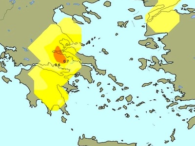 Δείκτης επικινδυνότητας για χιονοπτώσεις με βάση τα όρια του Ευρωπαϊκού Κέντρου Μεσοπρόθεσμων Προγνώσεων (ECMWF) για την Κυριακή 24/02/2019 (αφορά όλο το 24ωρο).