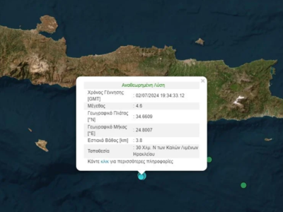 Νέος σεισμός 4,6 Ρίχτερ νότια της Κρήτης