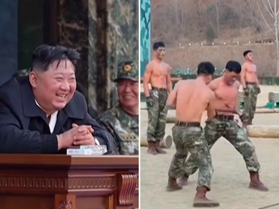 Βορειοκορεάτες στρατιώτες σπάνε τσιμέντο...