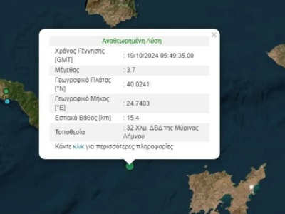 Σεισμός 3,7 Ρίχτερ στη θαλάσσια περιοχή της Λήμνου