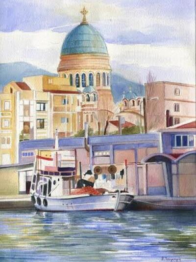 Ζωγραφιά που δε΄χινει τον τρούλο του ναο...