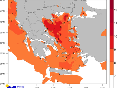 Εκτιμώμενες μέγιστες εντάσεις ανέμων (πάνω από 7 μποφόρ) κατά τη διάρκεια της Παρασκευής 28/02/2020.      