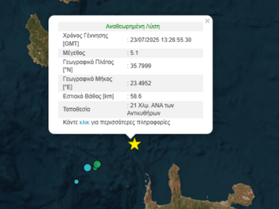 Ισχυρός σεισμός 5.1 Ρίχτερ ανοιχτά των Αντικυθήρων