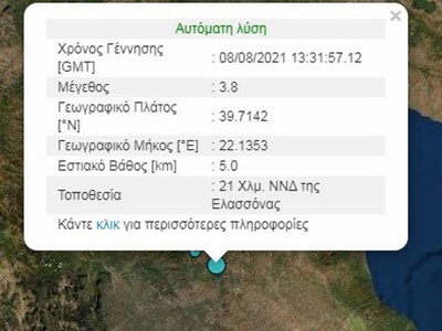 Σεισμός 3,8 Ρίχτερ στην Ελασσόνα
