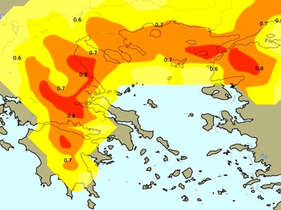 Δείκτης επικινδυνότητας για χιονοπτώσεις με βάση τα όρια του Ευρωπαϊκού Κέντρου Μεσοπρόθεσμων Προγνώσεων (ECMWF) για το Σάββατο 23/02/2019 (αφορά όλο το 24ωρο).