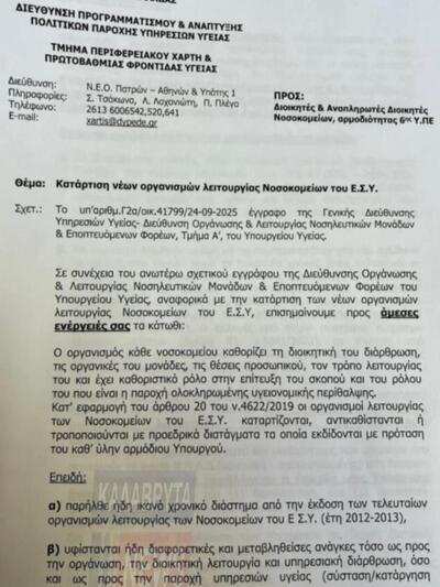Αντιμέτωπο με νέα υποβάθμιση το Νοσοκομείο Καλαβρύτων - Επιστολή