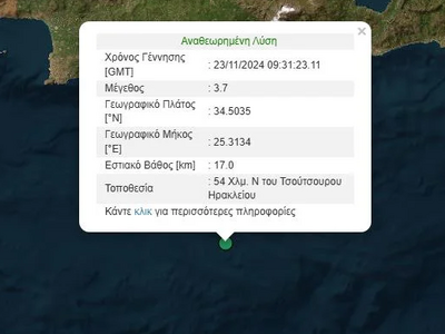 Σεισμός 3,7 Ρίχτερ ανοιχτά της Κρήτης