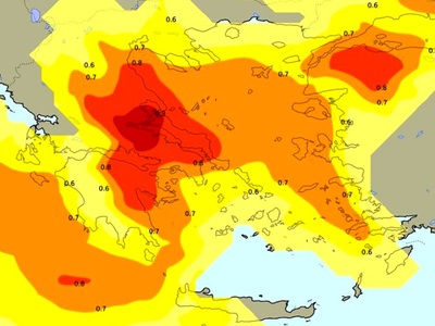 Δείκτης επικινδυνότητας για καταιγίδες με βάση τα όρια του Ευρωπαϊκού Κέντρου Μεσοπρόθεσμων Προγνώσεων (ECMWF) για το Σάββατο 23/02/2019 (αφορά όλο το 24ωρο).
